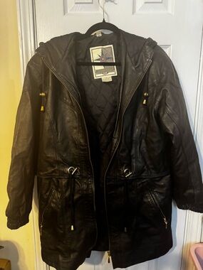 MIDDLEBROOK PARK Black Leather Coat W/Hood Women sz Small Full Zip Quilt Lined